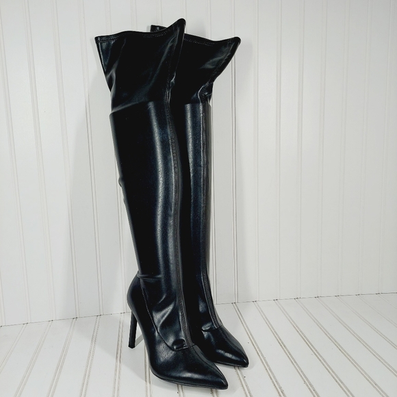 New Open Edit Kami Pointed Toe Over the Knee Black Stilletto Heel Boot K399 - Picture 4 of 15